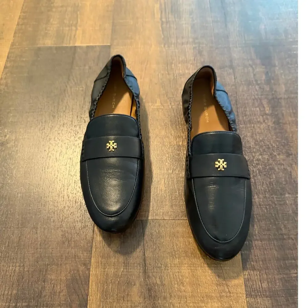Tory Burch Black Leather Loafers Women's 7.5M Gold Logo Flats